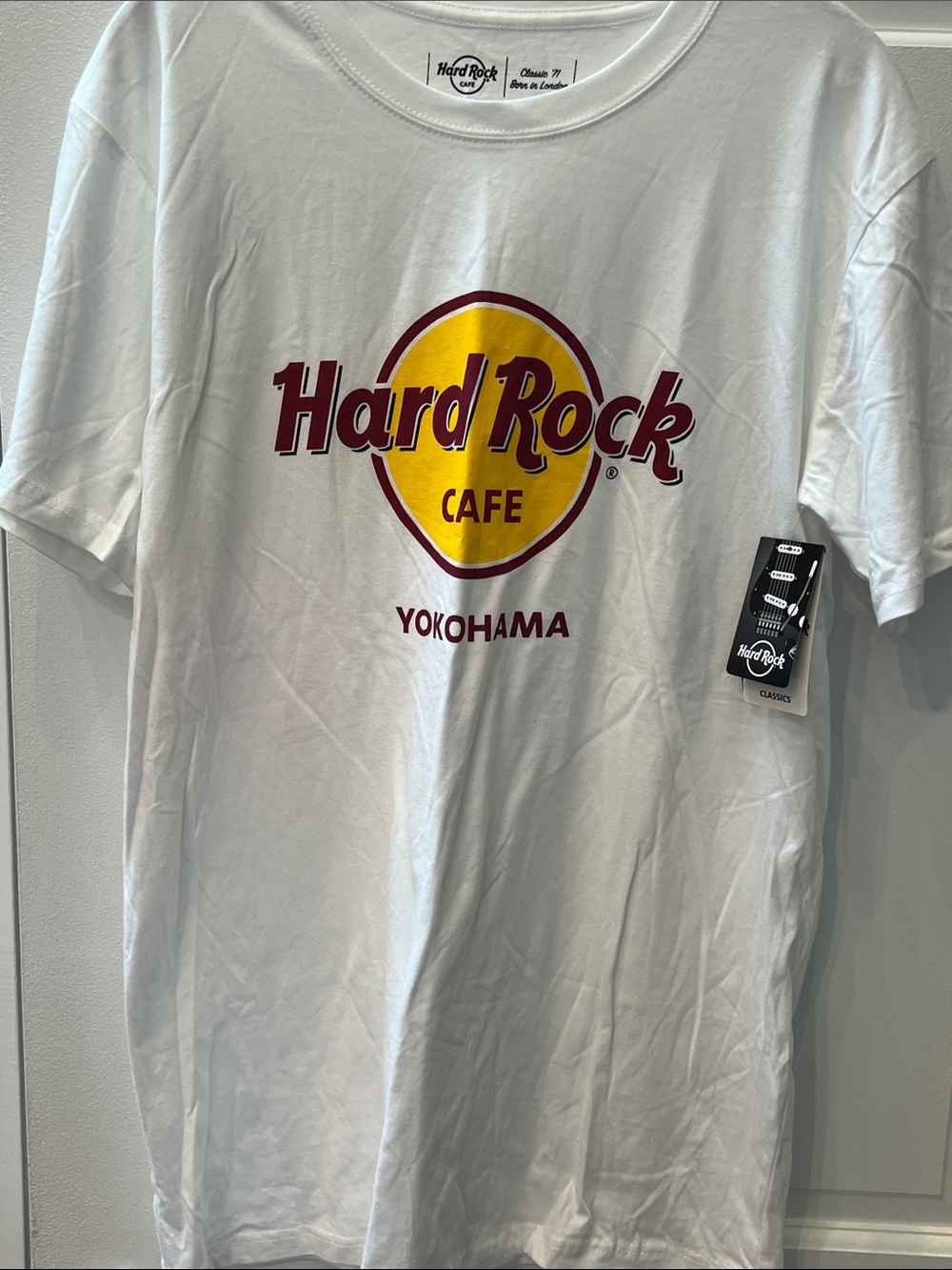 Hard Rock Cafe White Tee with Yellow Circle and Burgundy Logo - Yokohama